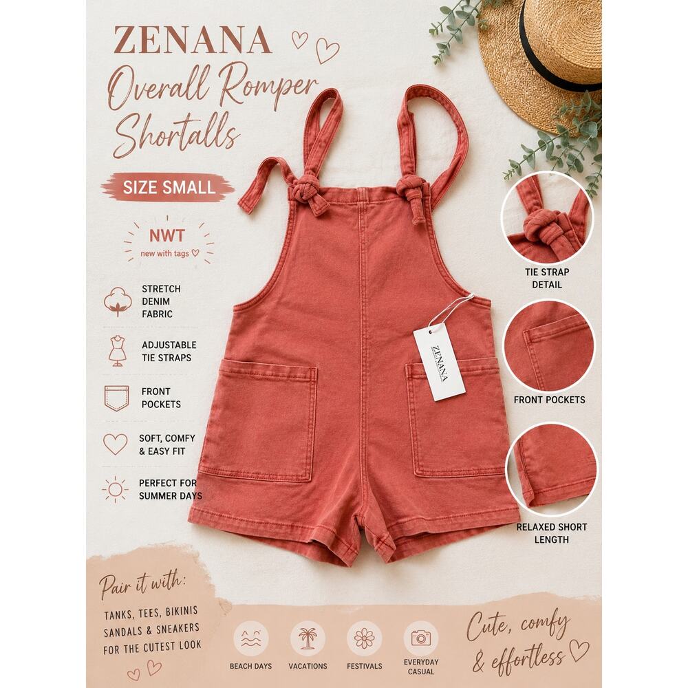 Zenana Coral Stretch Denim Shortalls Romper Overalls NWT S